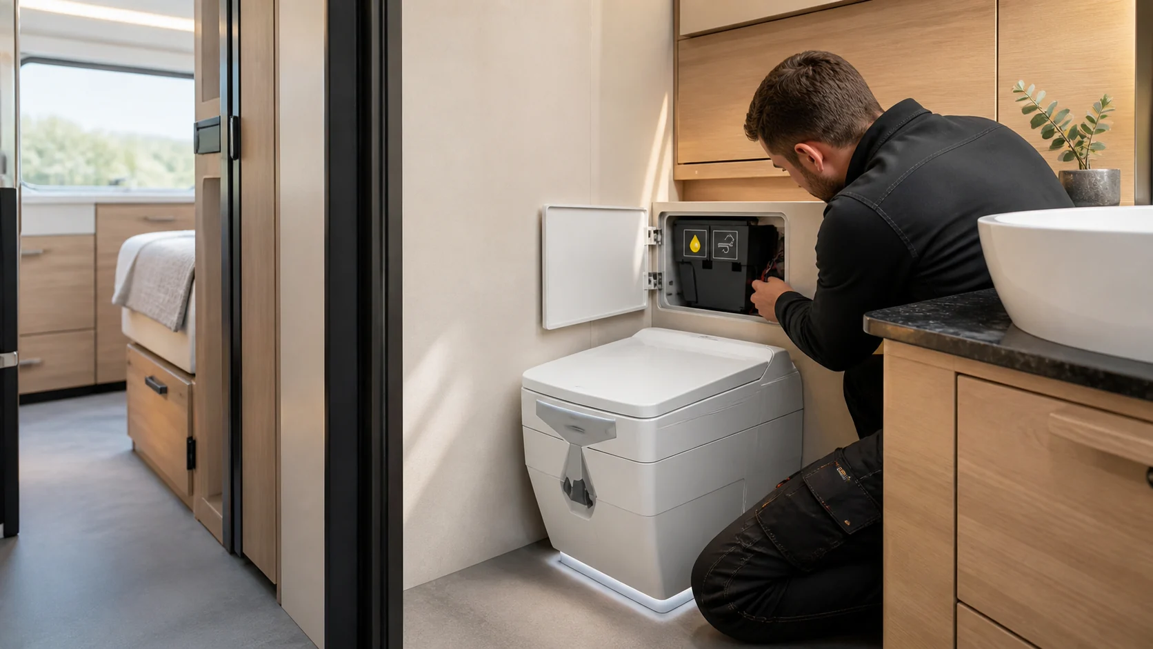 Waterless toilet installation in a motorhome bathroom